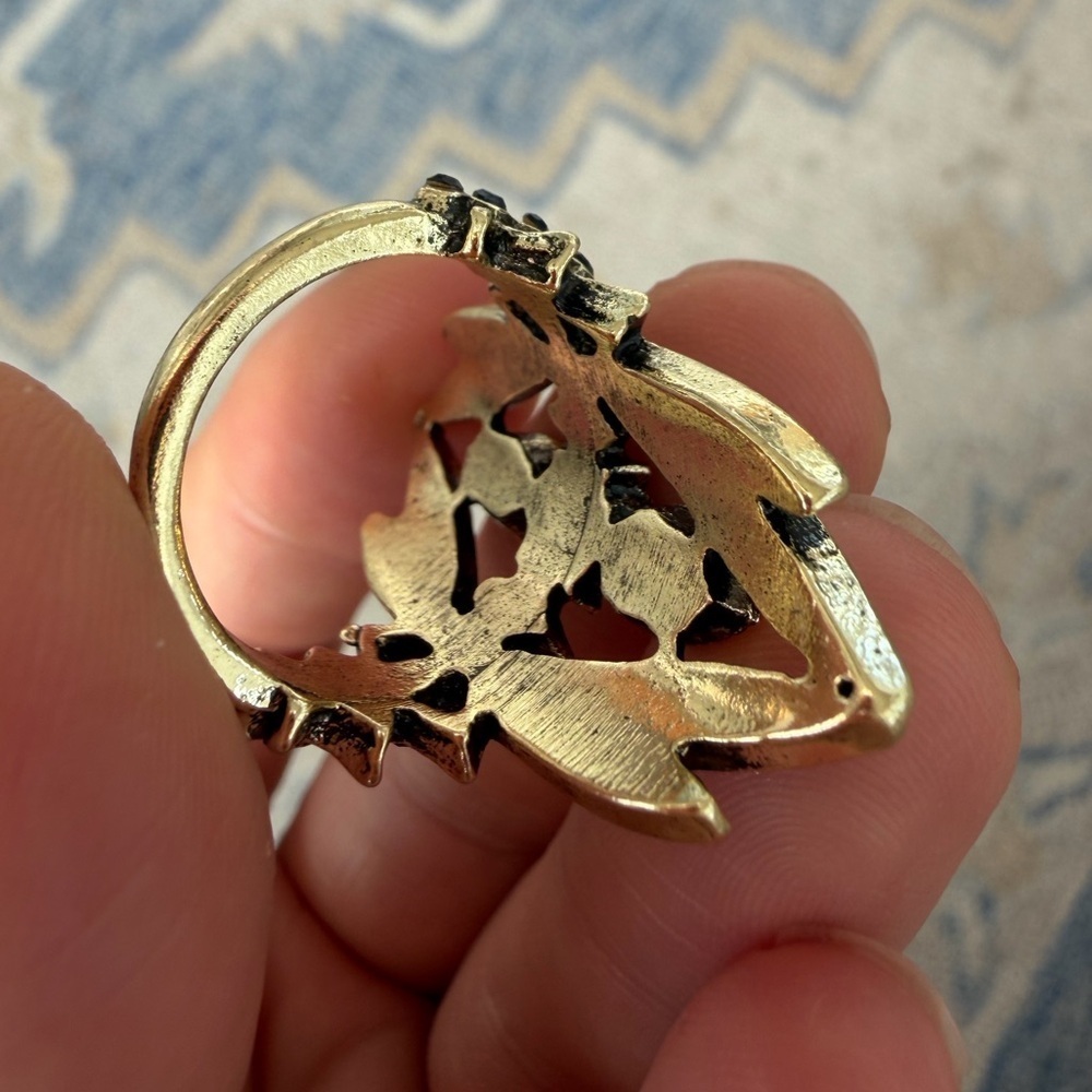 Vintage Enamel Art Deco Ring – Blue Crystal Gold Statement Jewelry - Picture 8 of 11